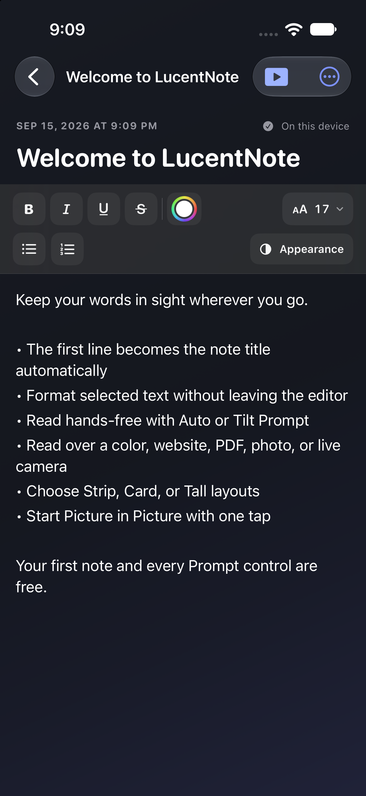 LucentNote editor showing rich text controls and the welcome note